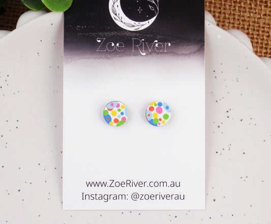 Rainbow polka dot handpainted dainty stud earrings with your choice -925 sterling silver, stainless steel, nickel free titanium. Dotty, dots, yellow, orange, pink, blue, green post earrings