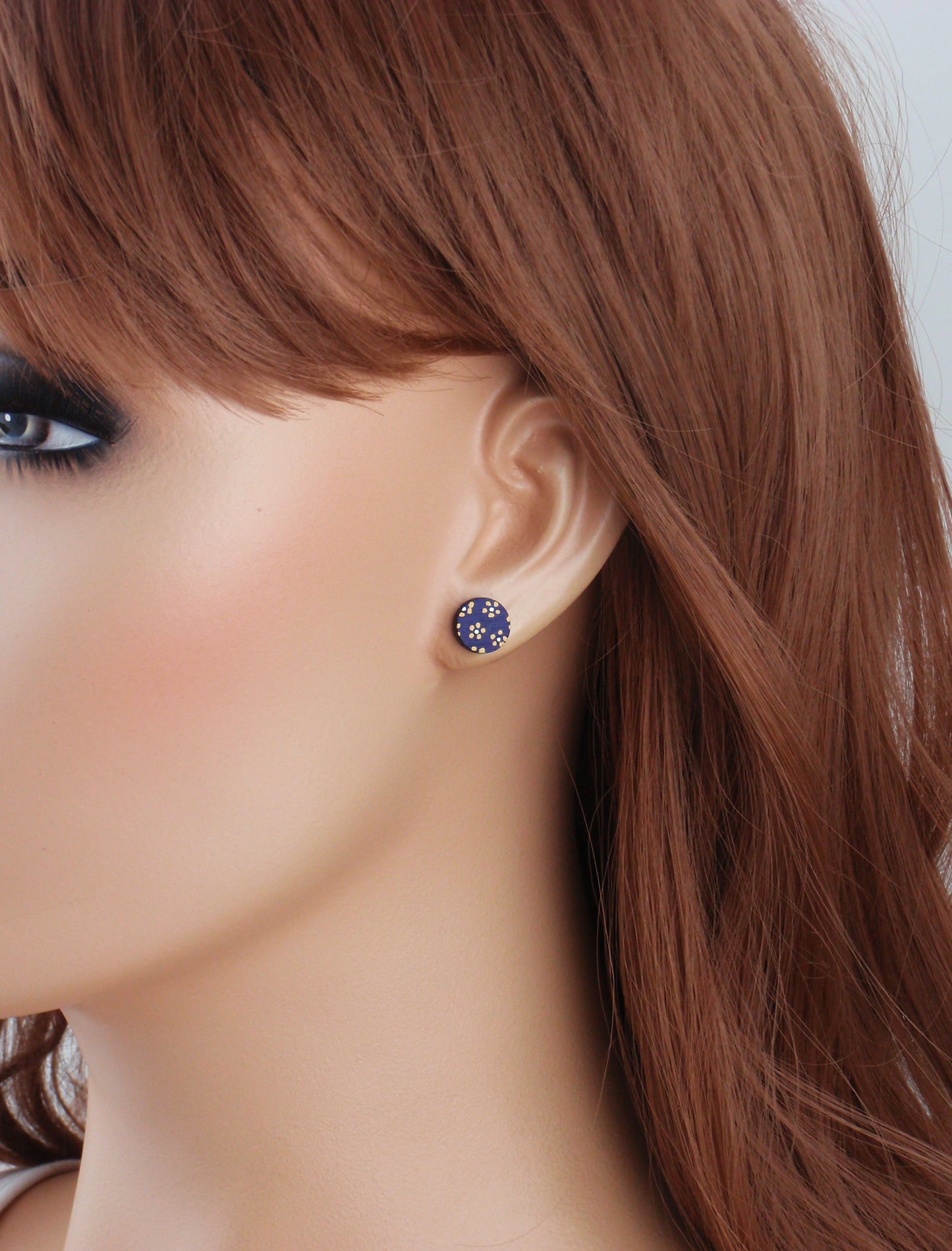 Navy blue & mustard ochre handpainted dainty stud earrings with your choice -925 sterling silver, stainless steel, nickel free titanium. Flower, floral post earrings