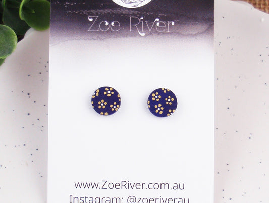 Navy blue & mustard ochre handpainted dainty stud earrings with your choice -925 sterling silver, stainless steel, nickel free titanium. Flower, floral post earrings
