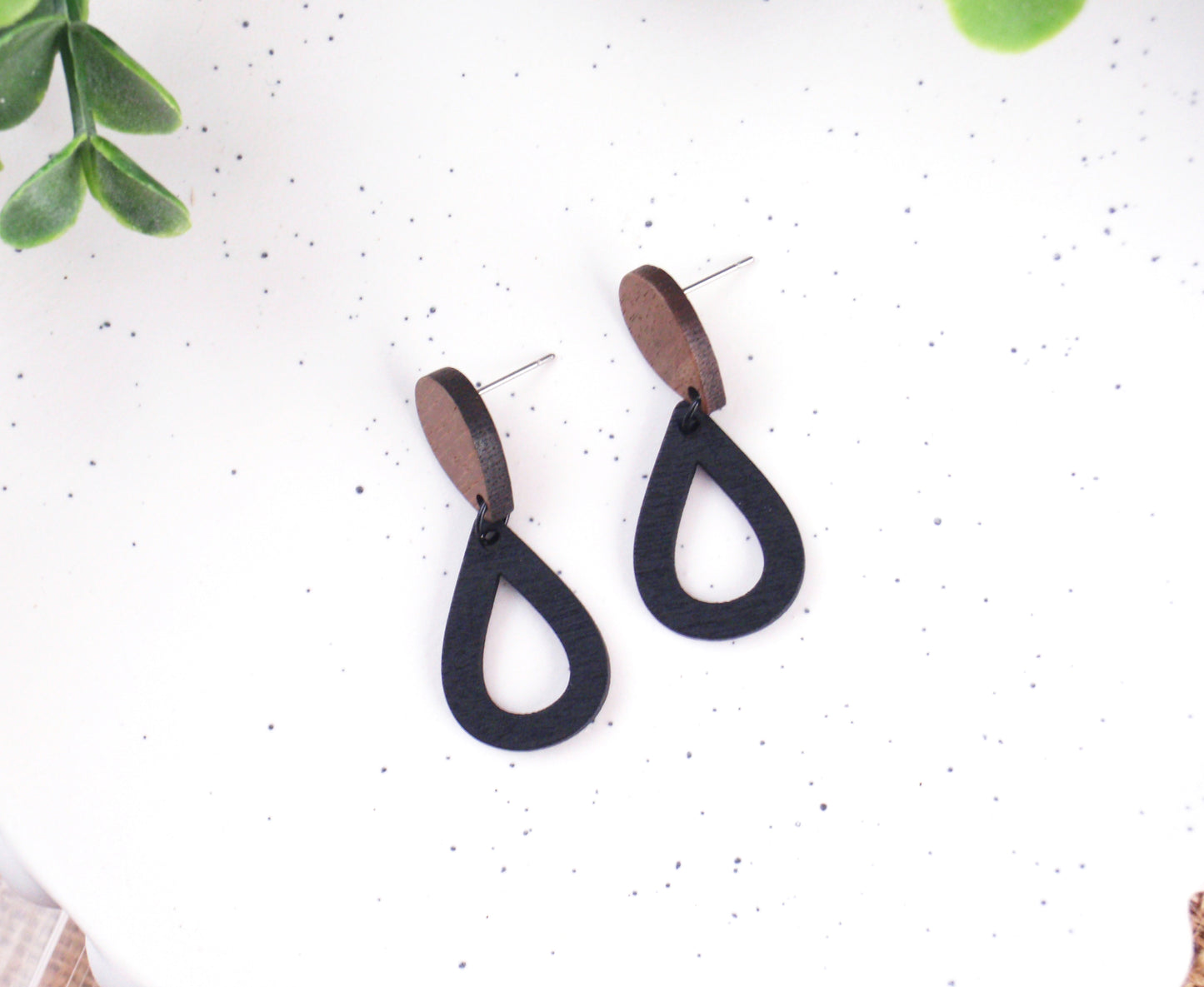 Lightweight black brown wood earrings, choose 925 sterling silver nickel free titanium or stainless steel hypoallergenic