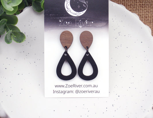 Lightweight black brown wood earrings, choose 925 sterling silver nickel free titanium or stainless steel hypoallergenic