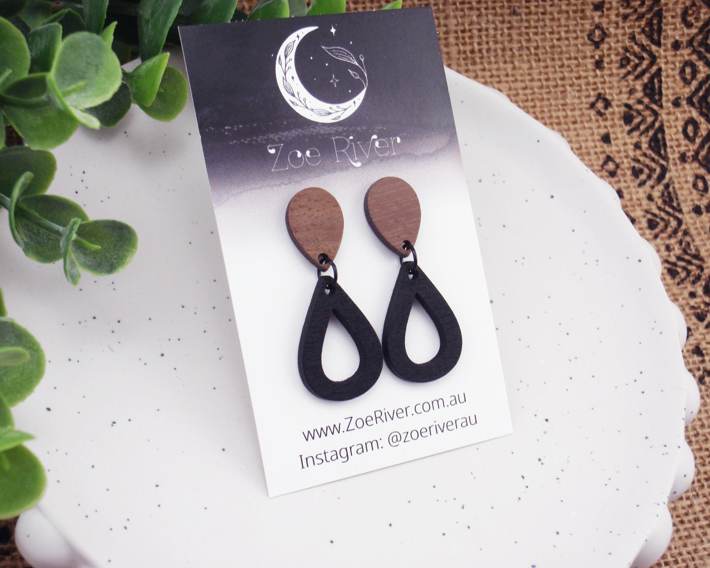 Lightweight black brown wood earrings, choose 925 sterling silver nickel free titanium or stainless steel hypoallergenic