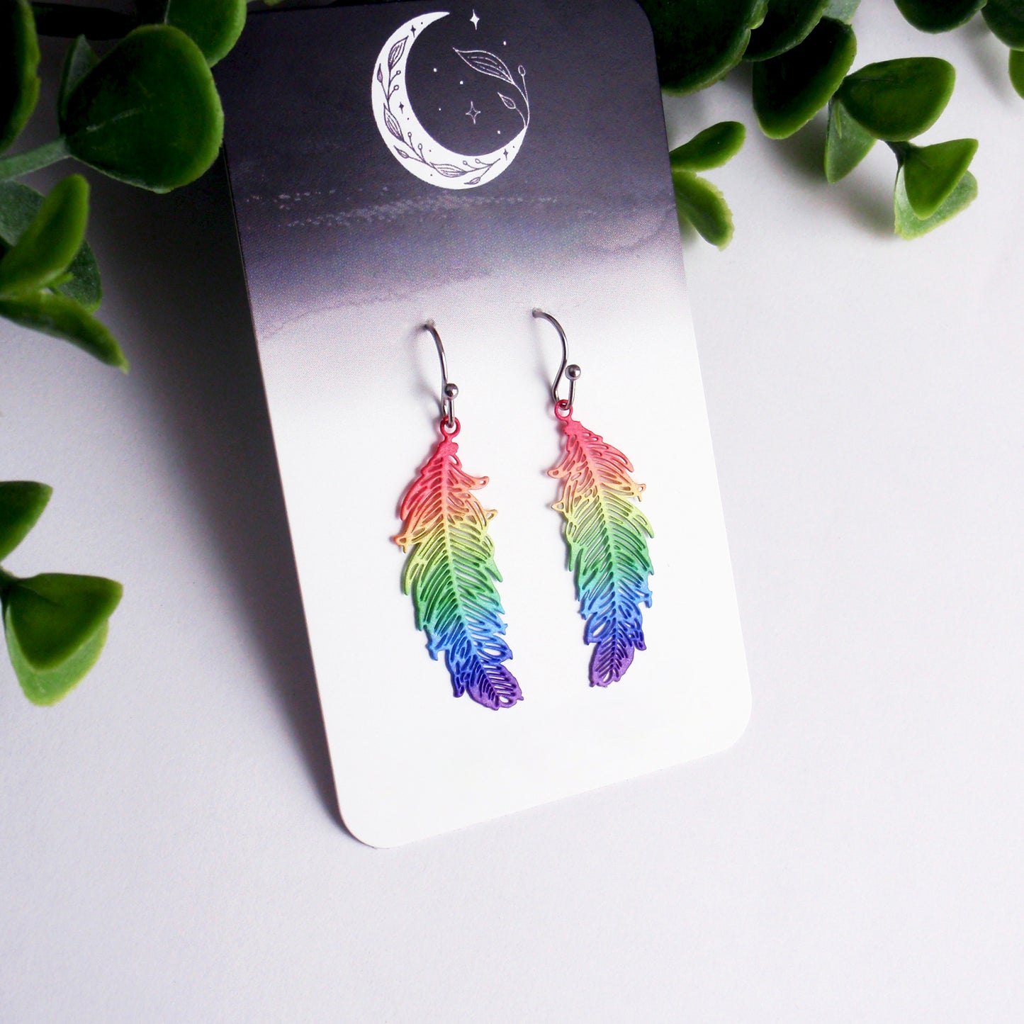 Dainty rainbow feather filigree earrings. Your choice of 925 sterling silver, nickel free titanium or stainless steel little, hypoallergenic