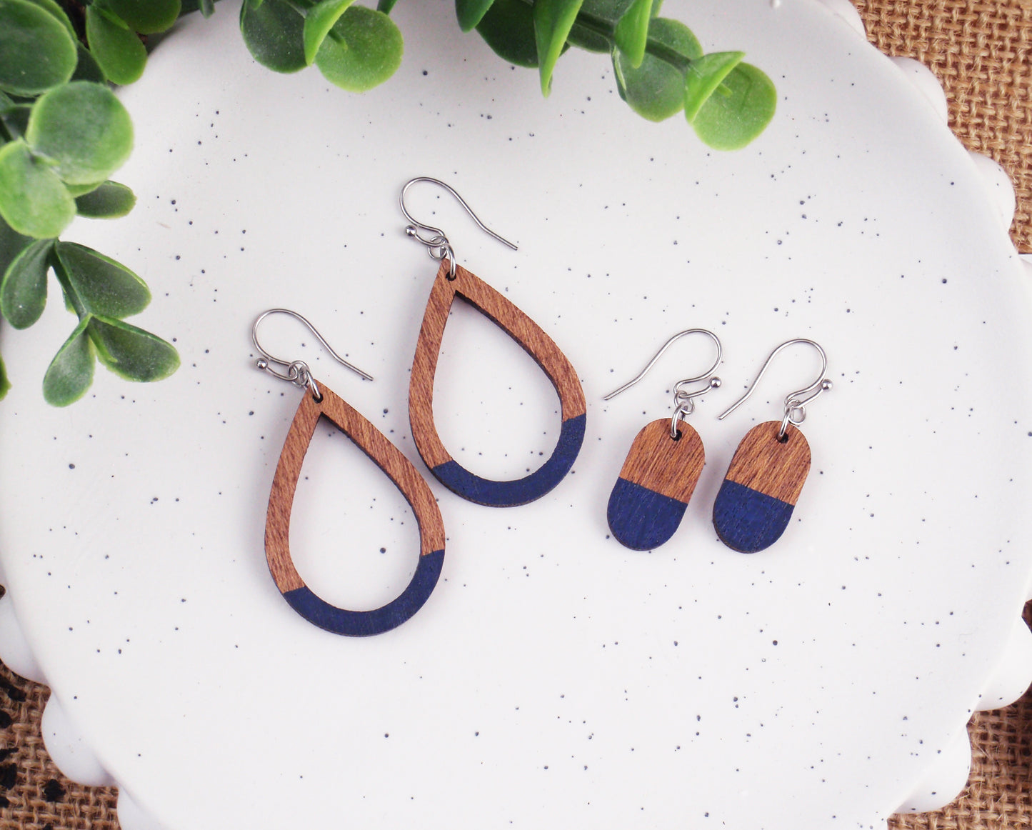 Lightweight navy blue and brown wood earrings, choose 925 sterling silver nickel free titanium or stainless steel hypoallergenic
