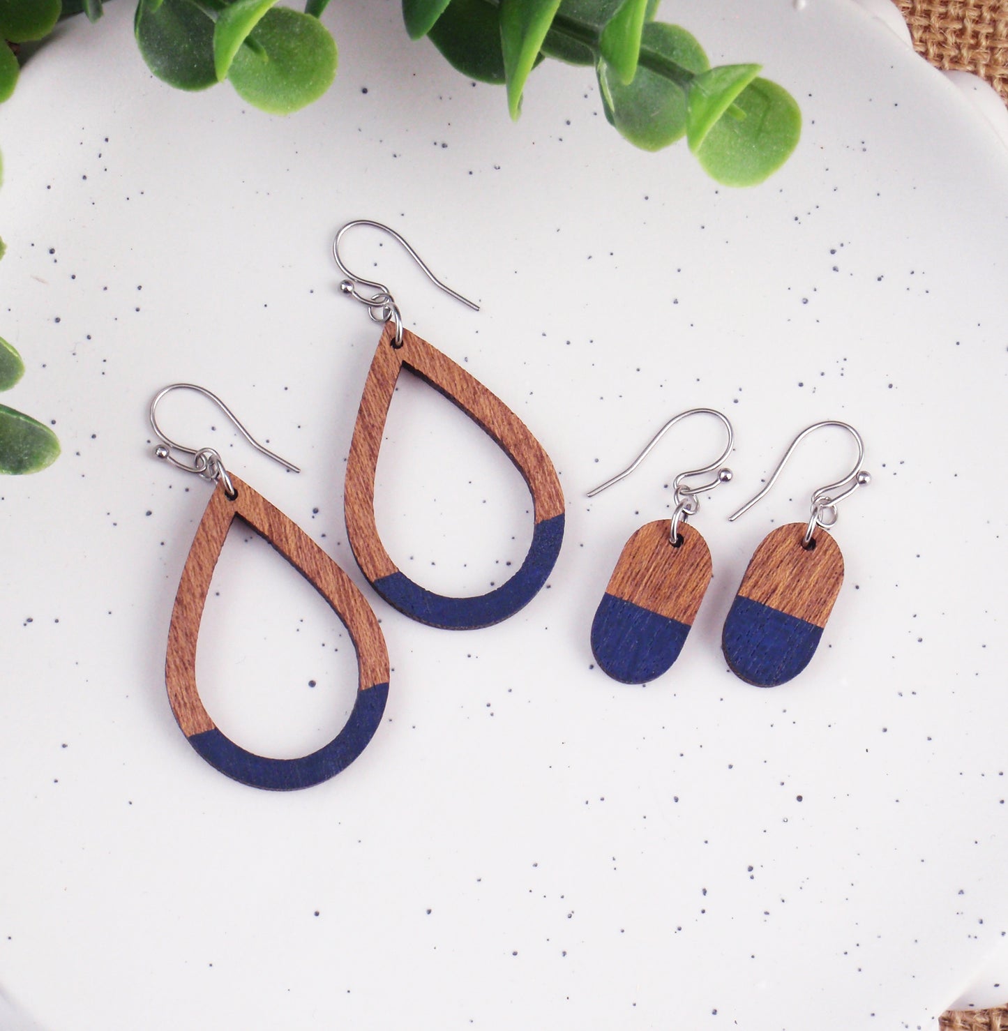 Lightweight navy blue and brown wood earrings, choose 925 sterling silver nickel free titanium or stainless steel hypoallergenic