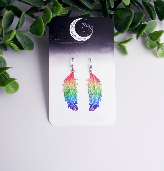 Dainty rainbow feather filigree earrings. Your choice of 925 sterling silver, nickel free titanium or stainless steel little, hypoallergenic