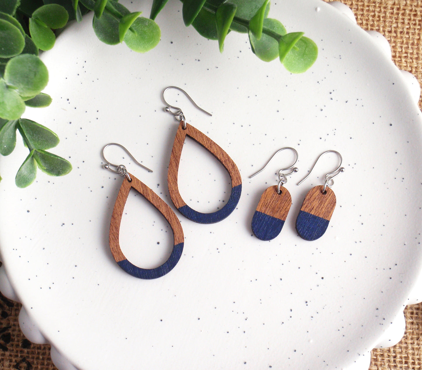 Lightweight navy blue and brown wood earrings, choose 925 sterling silver nickel free titanium or stainless steel hypoallergenic