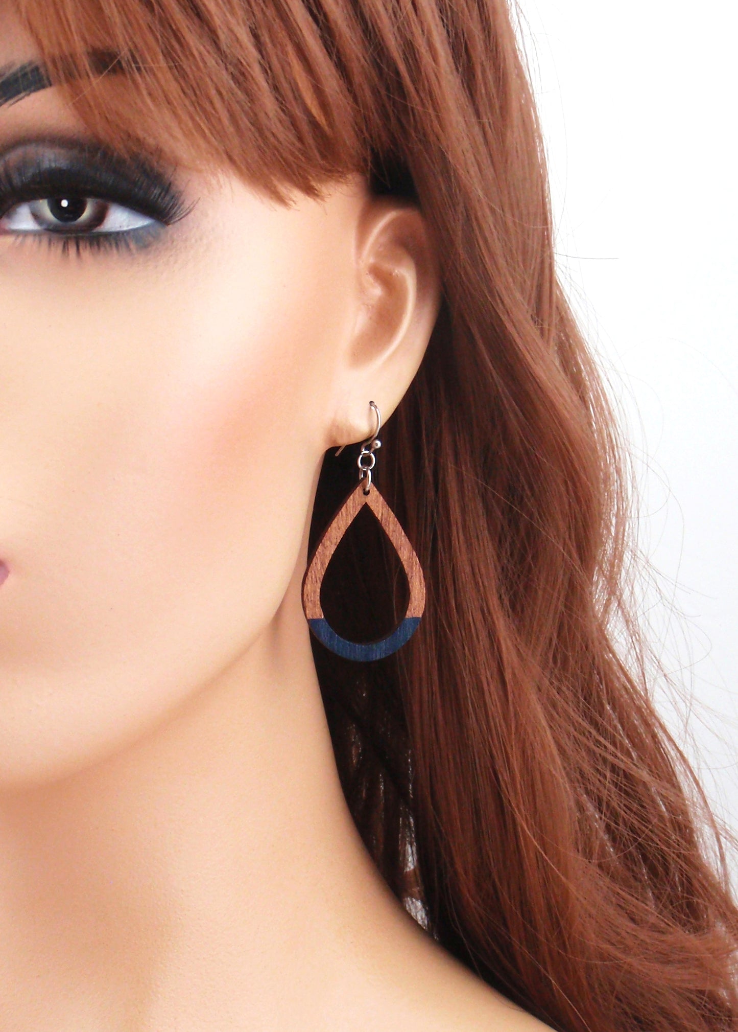 Lightweight navy blue and brown wood earrings, choose 925 sterling silver nickel free titanium or stainless steel hypoallergenic