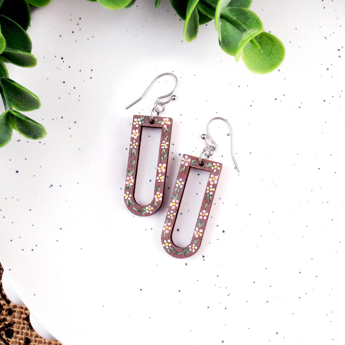 Handpainted lightweight wood earrings, choose 925 sterling silver nickel free titanium or stainless steel hypoallergenic