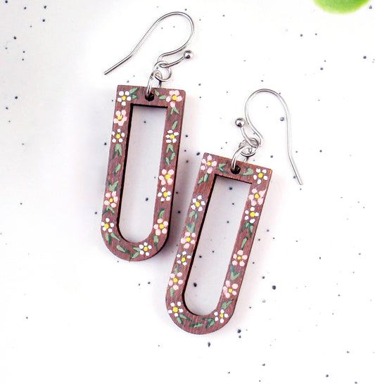 Handpainted lightweight wood earrings, choose 925 sterling silver nickel free titanium or stainless steel hypoallergenic