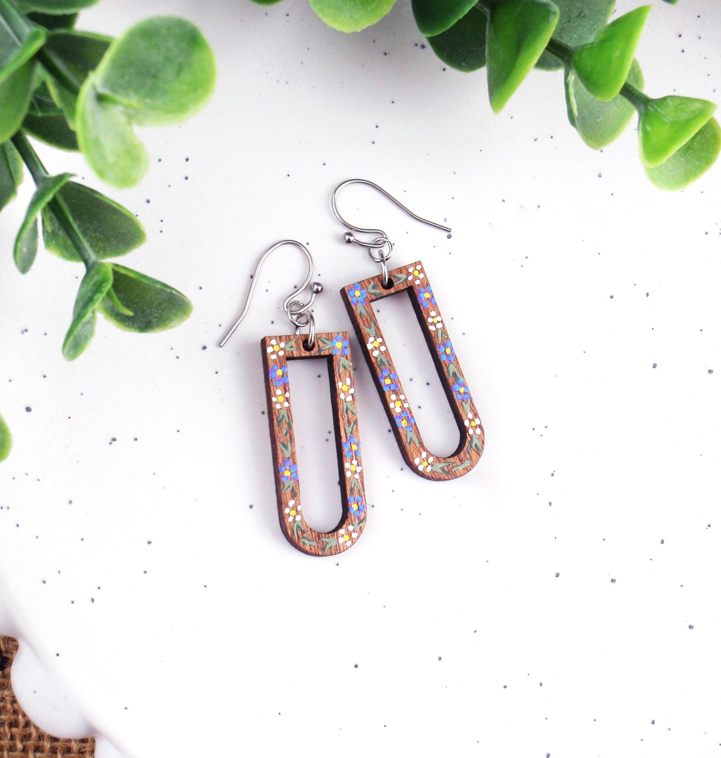 Handpainted lightweight wood earrings, choose 925 sterling silver nickel free titanium or stainless steel hypoallergenic