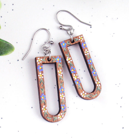 Handpainted lightweight wood earrings, choose 925 sterling silver nickel free titanium or stainless steel hypoallergenic