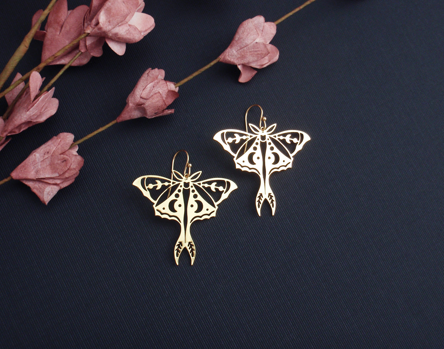 Gold luna moth earrings. Lightweight filigree moon butterfly drop earrings. 14k gold filled, or stainless steel. Lunar, celestial,