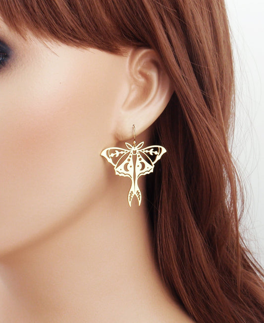 Gold luna moth earrings. Lightweight filigree moon butterfly drop earrings. 14k gold filled, or stainless steel. Lunar, celestial,