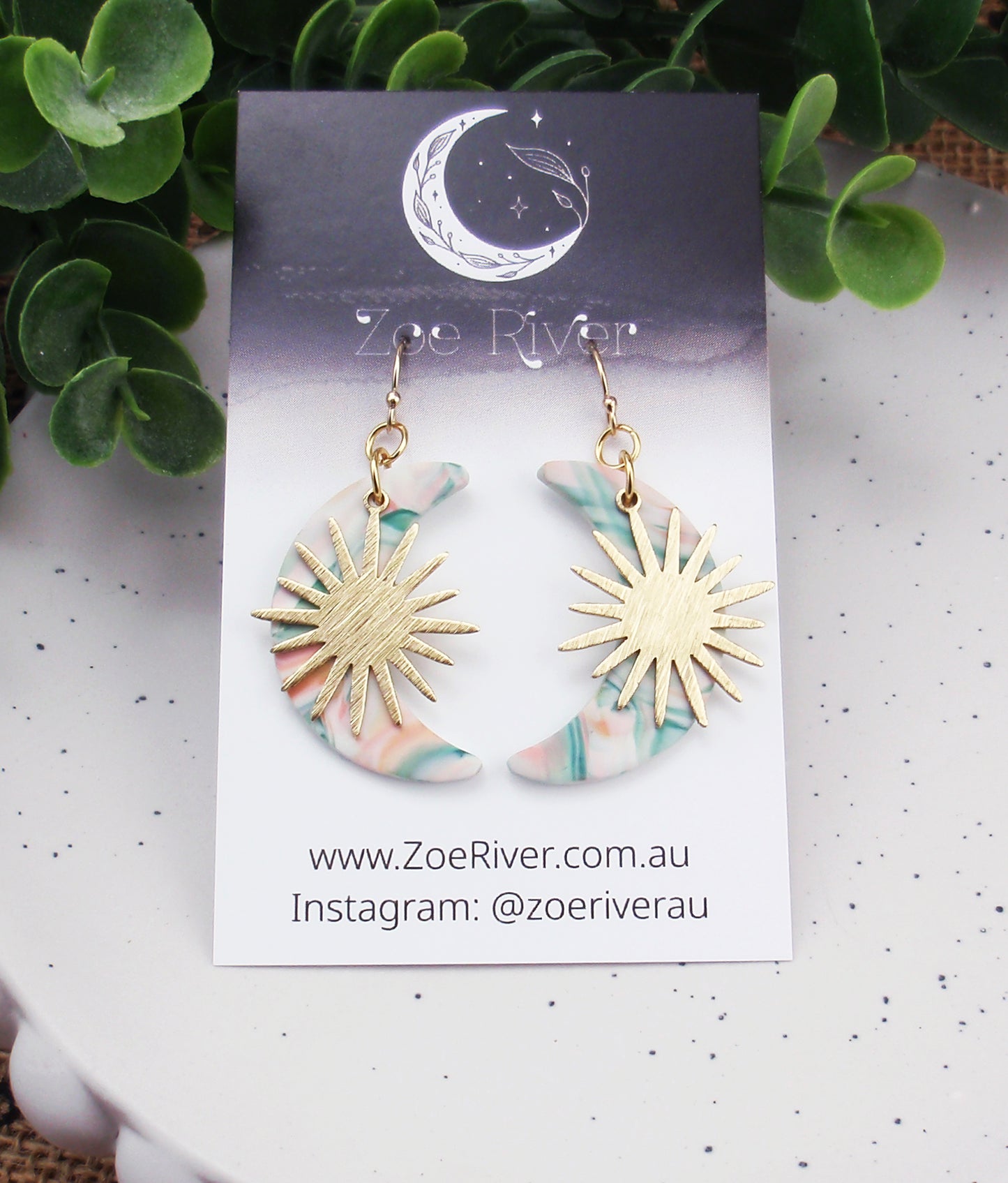 Pastel moon and gold sun earrings. Choose 14k gold filled, or stainless steel earwires.