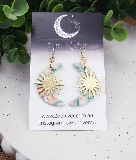 Pastel moon and gold sun earrings. Choose 14k gold filled, or stainless steel earwires.