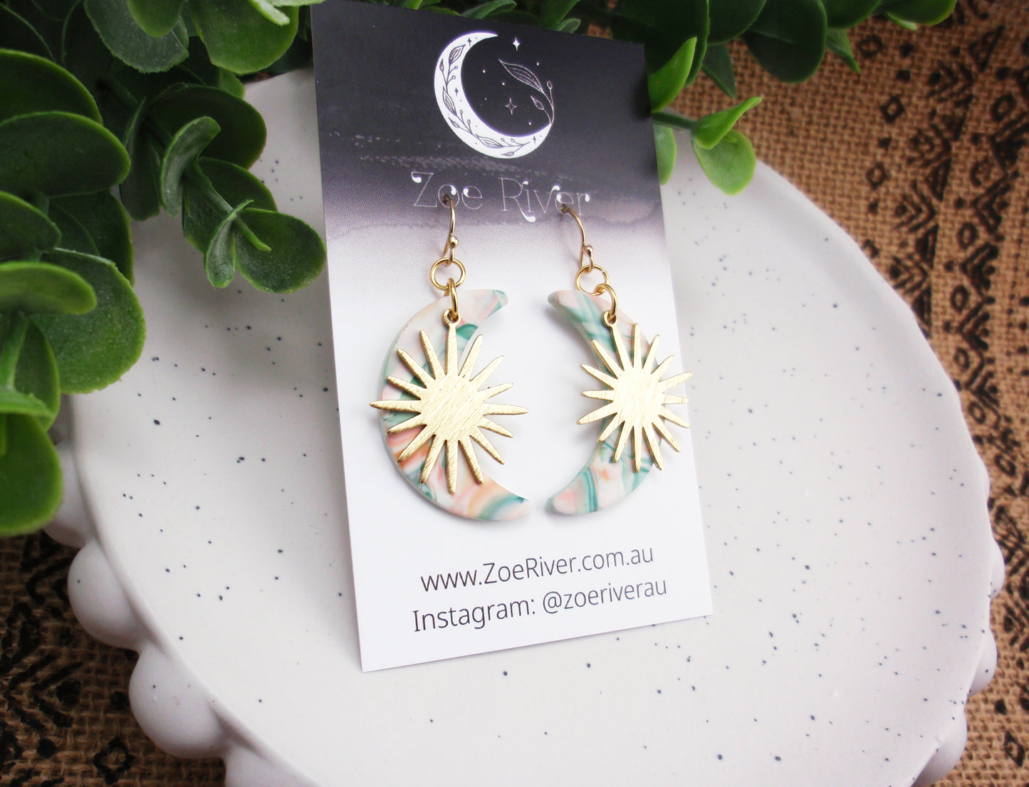 Pastel moon and gold sun earrings. Choose 14k gold filled, or stainless steel earwires.