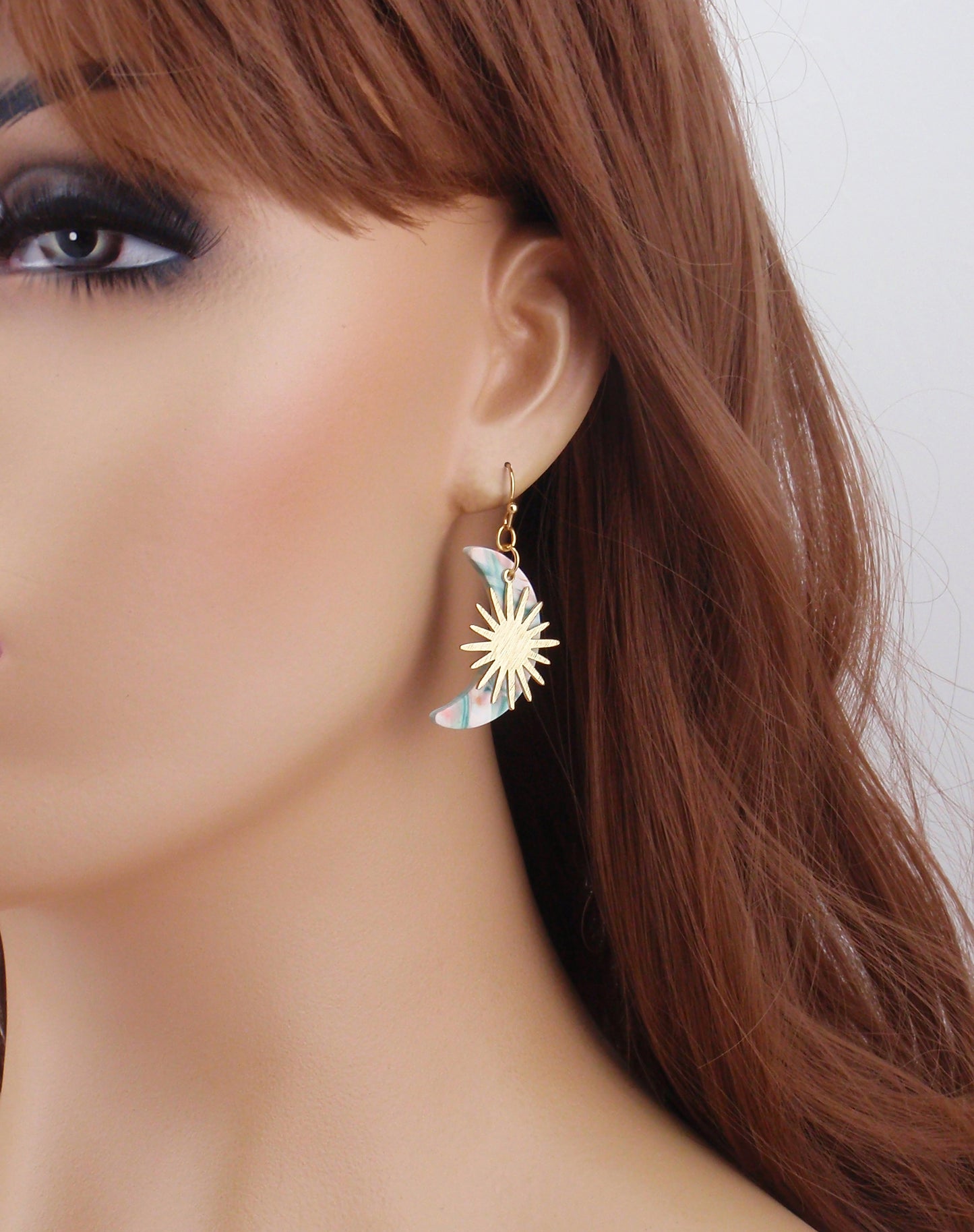 Pastel moon and gold sun earrings. Choose 14k gold filled, or stainless steel earwires.