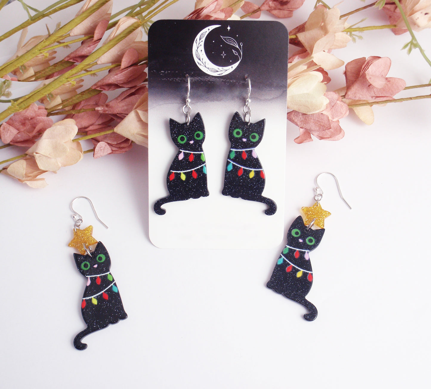 Lightweight black cat Christmas earrings. Choose 925 sterling silver, nickel free titanium or stainless steel. hypoallergenic jewellery