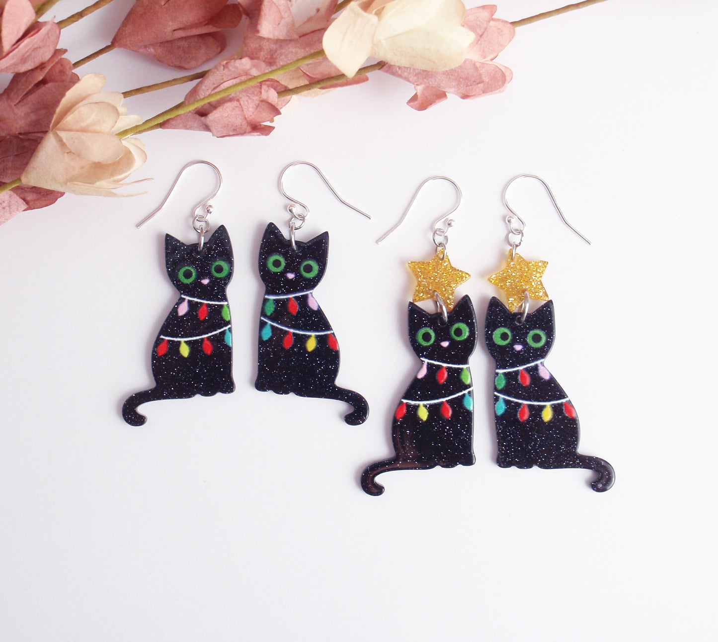 Lightweight black cat Christmas earrings. Choose 925 sterling silver, nickel free titanium or stainless steel. hypoallergenic jewellery