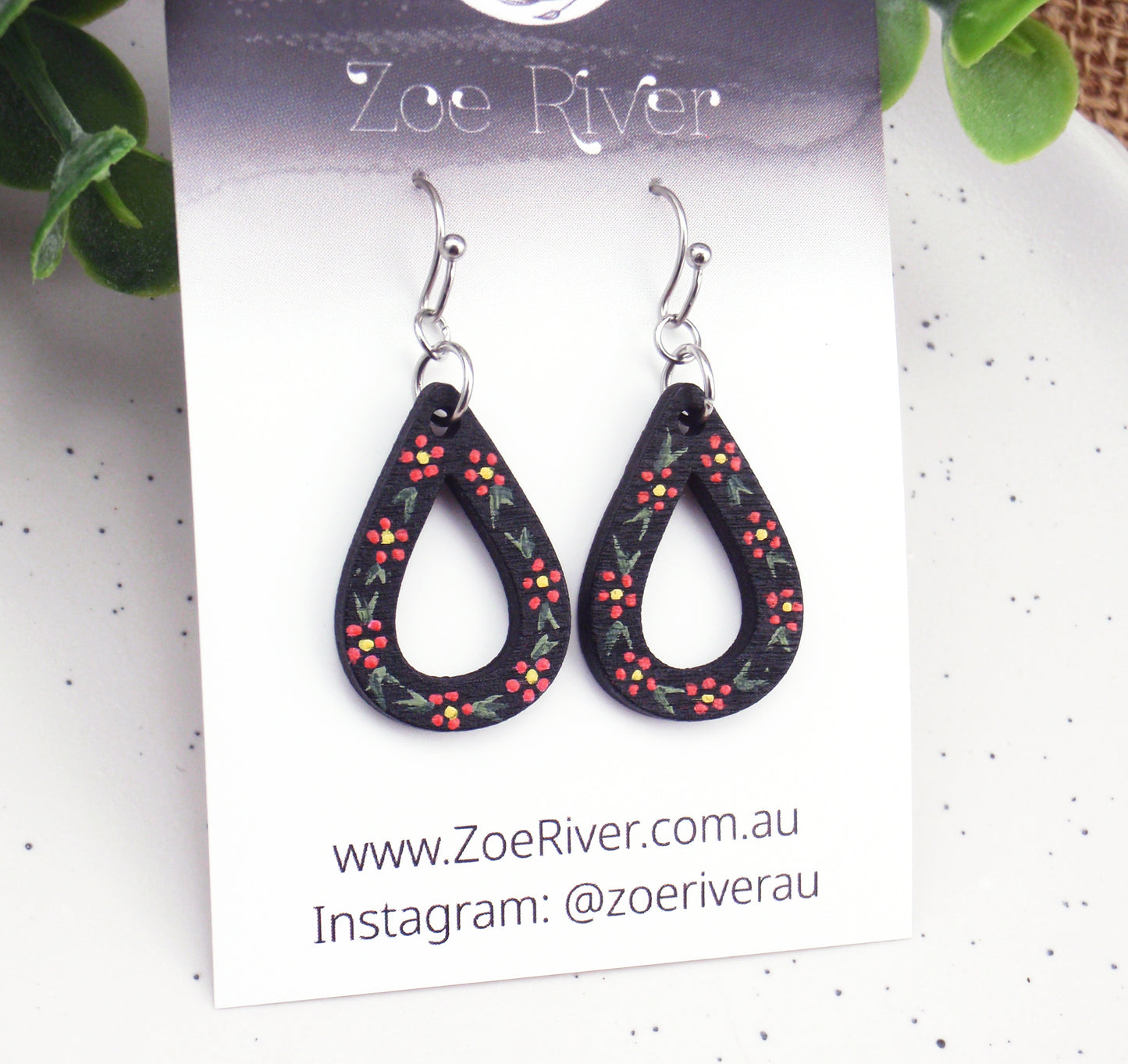 Red and black handpainted dainty earrings with your choice -925 sterling silver, stainless steel, nickel free titanium. Flower, floral earrings