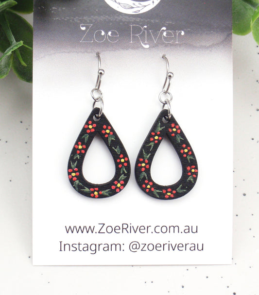 Red and black handpainted dainty earrings with your choice -925 sterling silver, stainless steel, nickel free titanium. Flower, floral earrings