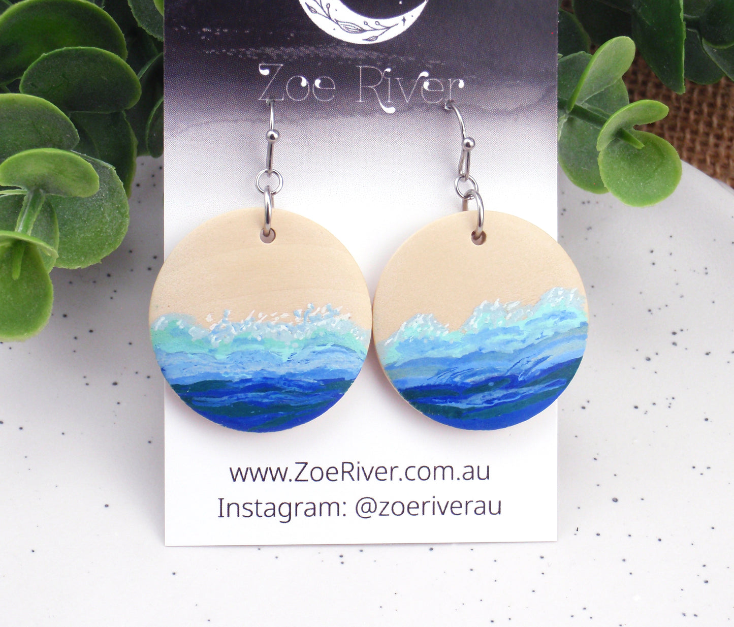 Ocean earrings handpainted with your choice -925 sterling silver, stainless steel, nickel free titanium. Blue, white, yellow sand earrings