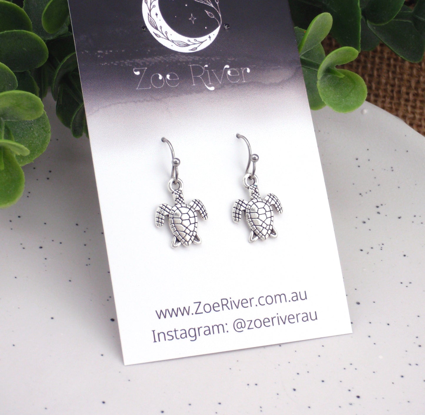 Dainty silver turtle earrings. Choose from Stainless steel, nickel free titanium or 925 sterling silver earwires. Small turtle earrings