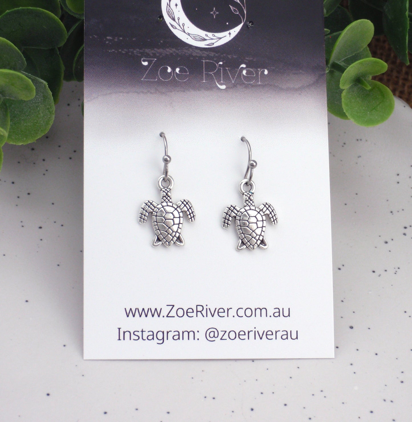 Dainty silver turtle earrings. Choose from Stainless steel, nickel free titanium or 925 sterling silver earwires. Small turtle earrings
