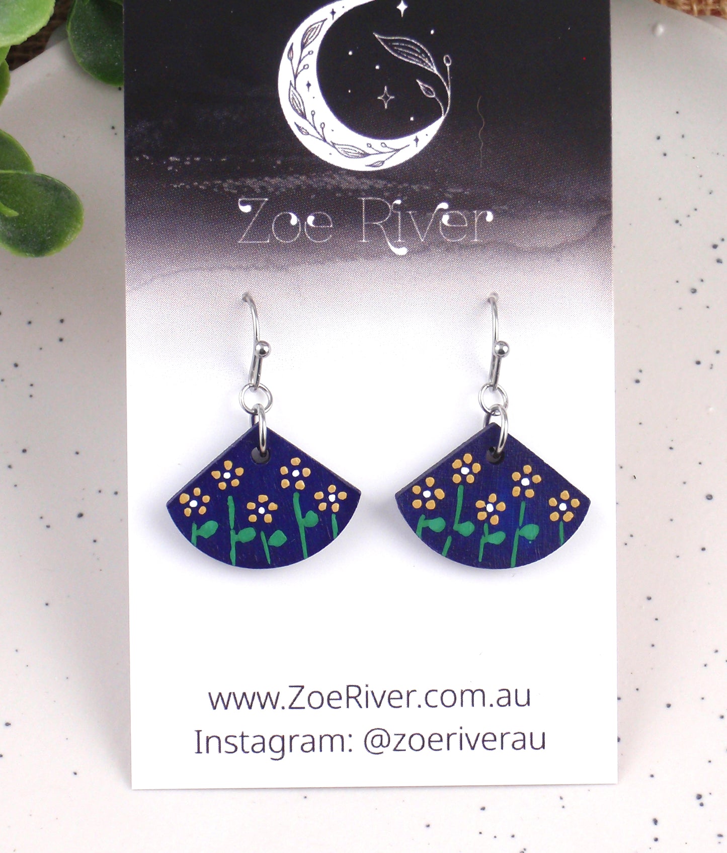 Navy blue & mustard ochre handpainted dainty earrings with your choice -925 sterling silver, stainless steel, nickel free titanium. Flower, floral post earrings