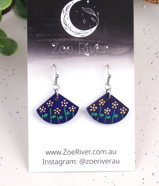 Navy blue & mustard ochre handpainted dainty earrings with your choice -925 sterling silver, stainless steel, nickel free titanium. Flower, floral post earrings