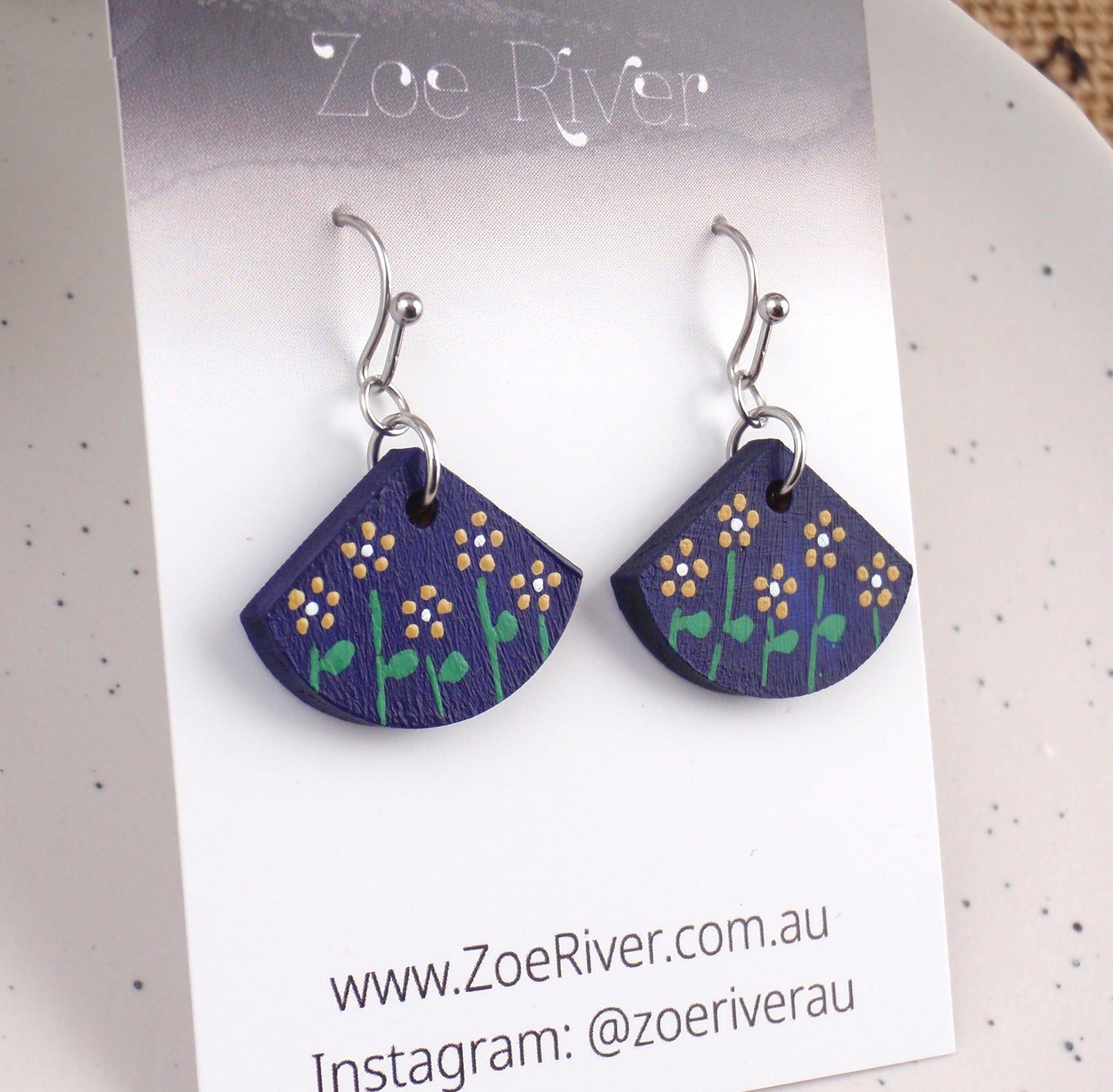 Navy blue & mustard ochre handpainted dainty earrings with your choice -925 sterling silver, stainless steel, nickel free titanium. Flower, floral post earrings