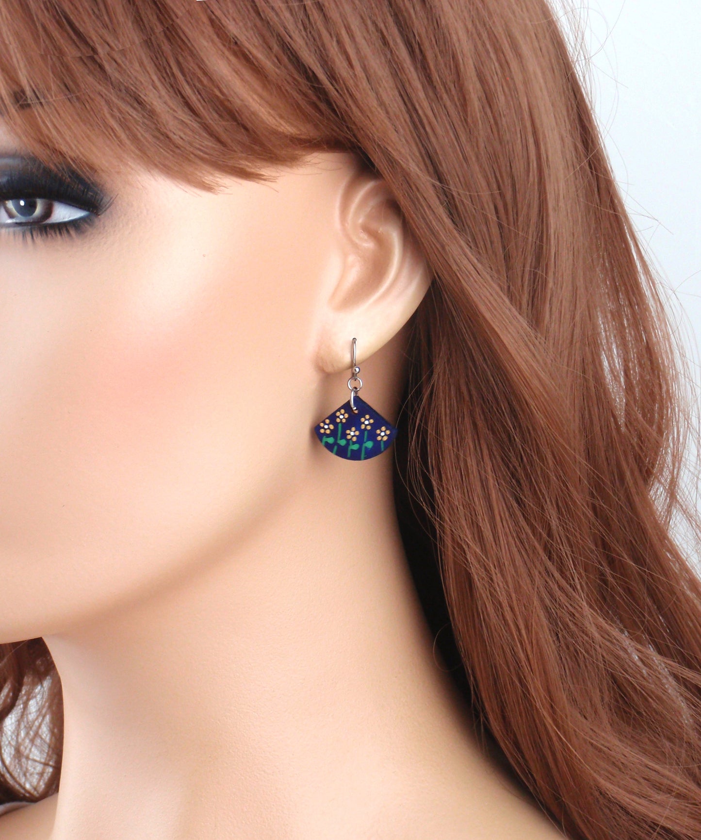Navy blue & mustard ochre handpainted dainty earrings with your choice -925 sterling silver, stainless steel, nickel free titanium. Flower, floral post earrings
