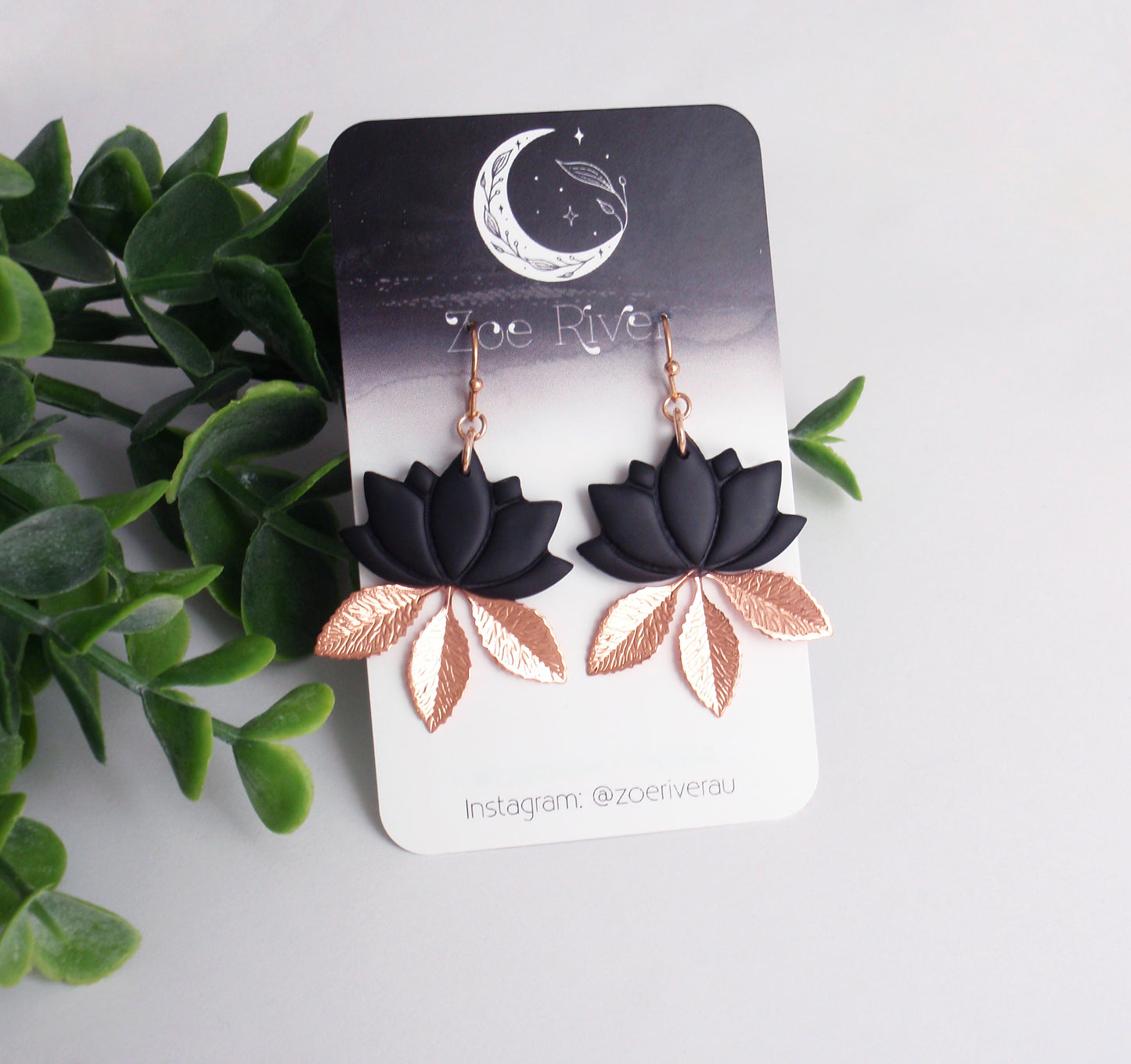 Lightweight black lotus, rose gold leaf branch earrings. Your choice of 14k rose gold filled, stainless steel or nickel free brass earwires. Zen, om, lightweight statement earrings