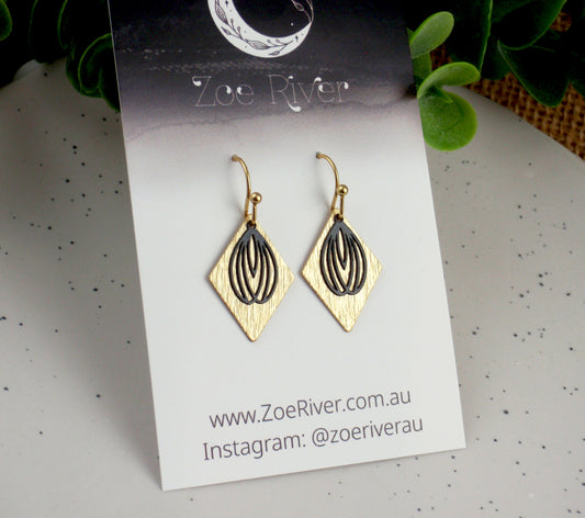Black and gold textured brass earrings. Diamond shaped earrings. 14k gold filled, or stainless steel.