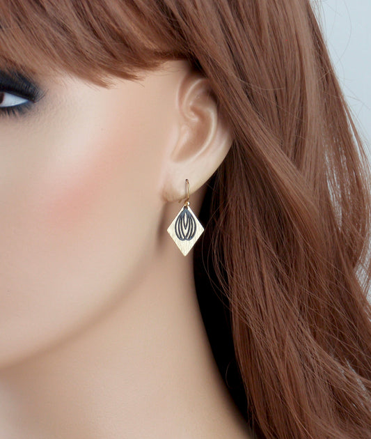 Black and gold textured brass earrings. Diamond shaped earrings. 14k gold filled, or stainless steel.