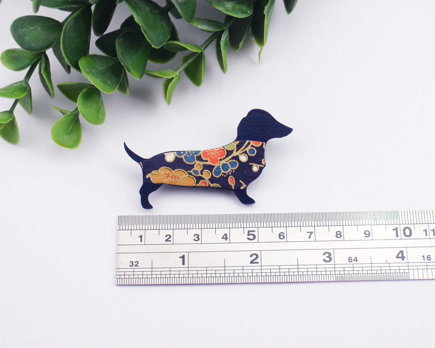 Dachshund brooch, Sausage Dog, Japanese paper, navy blue, red, pink. daschund, dashund, dachsund, sausage dog pin, coat pin, hat pin, broach