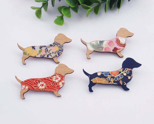 Dachshund brooch, Sausage Dog, Japanese paper, navy blue, red, pink. daschund, dashund, dachsund, sausage dog pin, coat pin, hat pin, broach