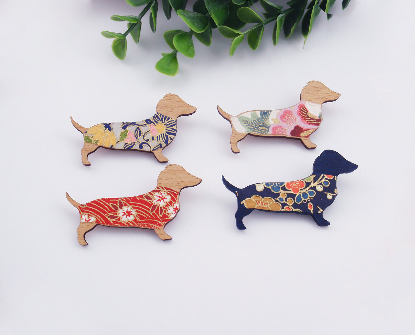 Dachshund brooch, Sausage Dog, Japanese paper, navy blue, red, pink. daschund, dashund, dachsund, sausage dog pin, coat pin, hat pin, broach