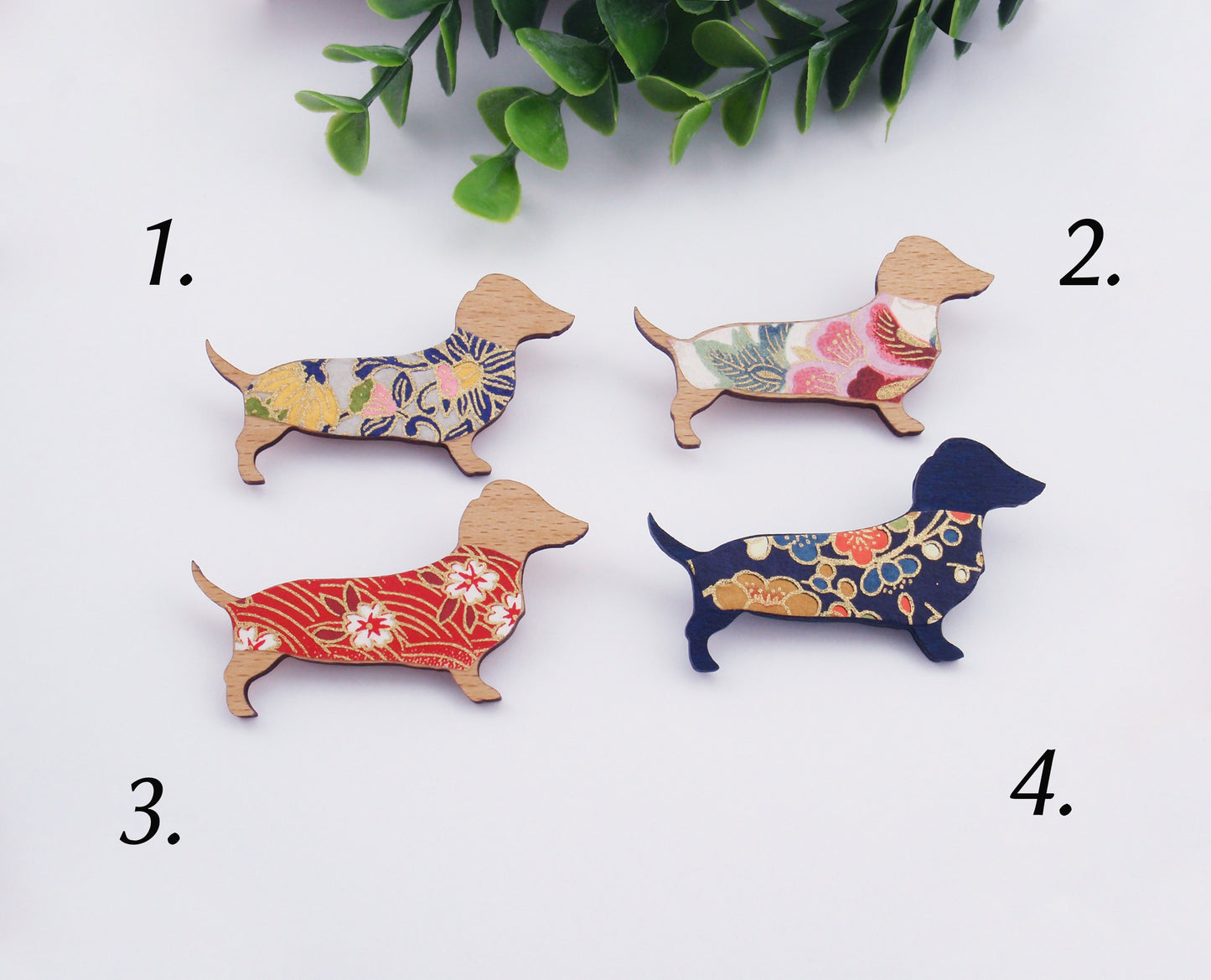 Dachshund brooch, Sausage Dog, Japanese paper, navy blue, red, pink. daschund, dashund, dachsund, sausage dog pin, coat pin, hat pin, broach