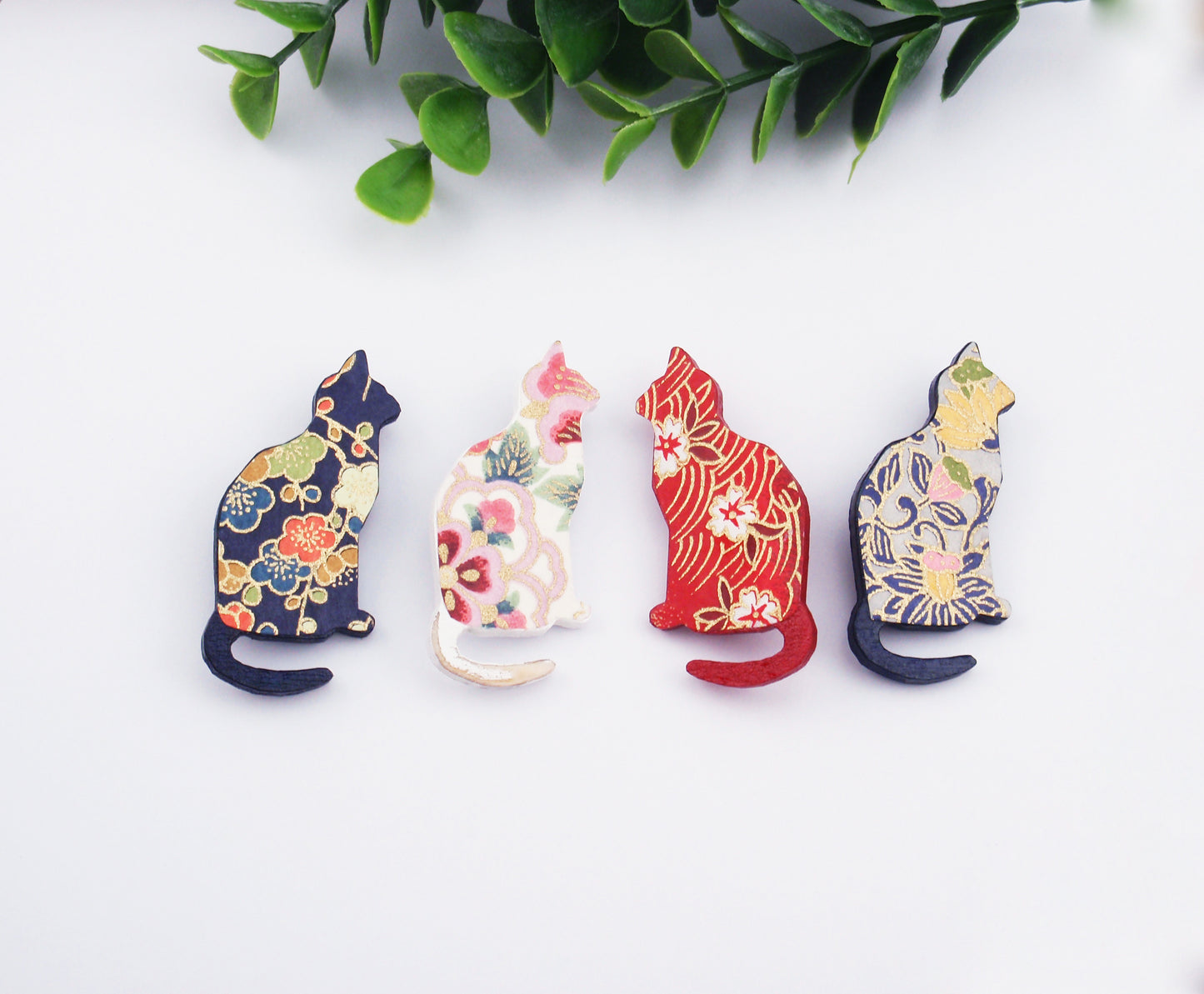 Cat brooch, navy blue, red, pink. Japanese paper, wood, wooden brooch, flower pin, coat pin, hat pin, broach, furbaby gift, cat lover gift