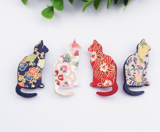 Cat brooch, navy blue, red, pink. Japanese paper, wood, wooden brooch, flower pin, coat pin, hat pin, broach, furbaby gift, cat lover gift