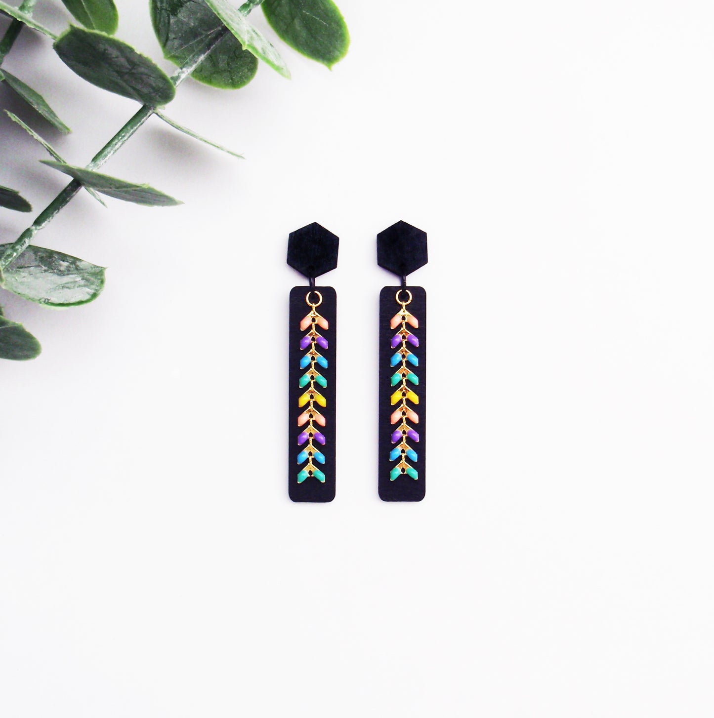 Lightweight wood black hexagon rainbow stud post earrings, choose 925 sterling silver nickel free titanium or stainless steel hypoallergenic