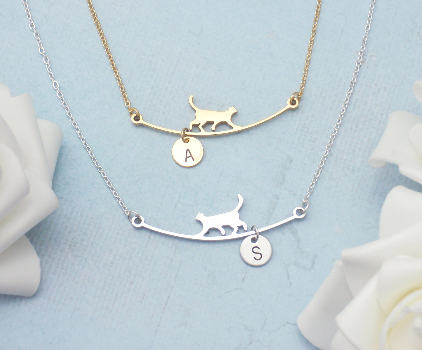Personalised cat initial necklace. Choose silver or gold dainty monogram engraved necklace. Cat lover gift