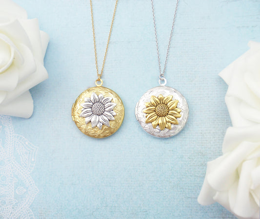 Locket necklace. Silver or gold sunflower round locket long necklace. Personalized initial, monogram, engraved, sun flower