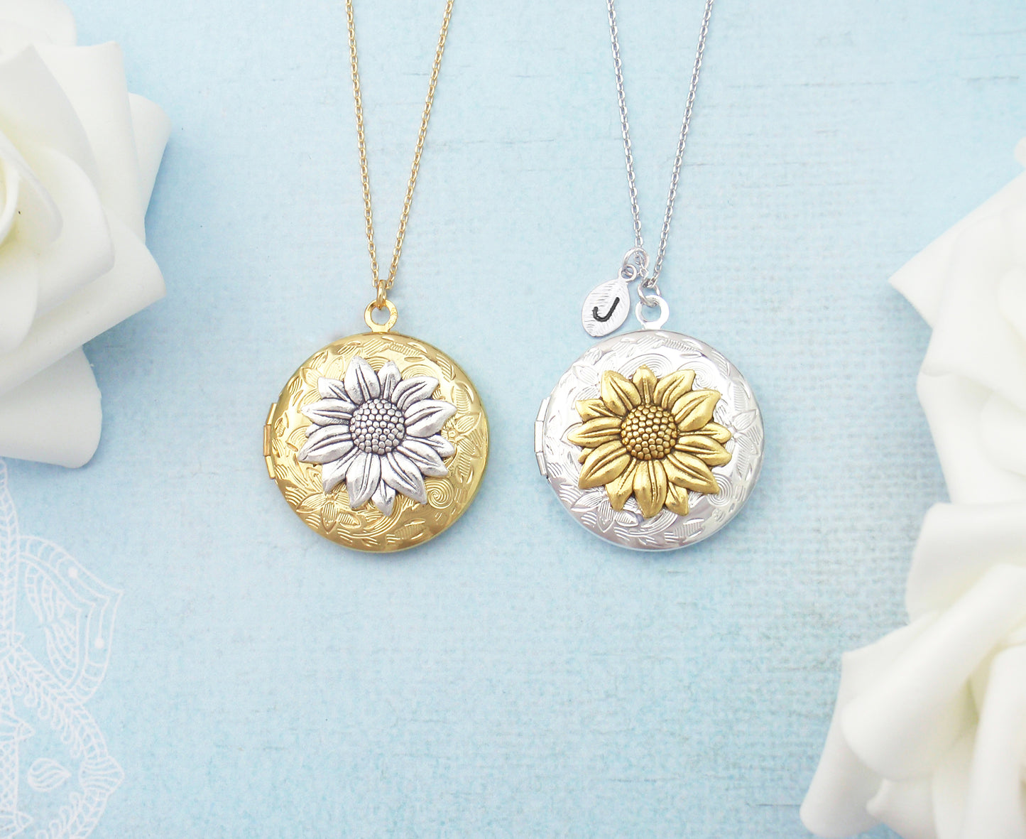 Locket necklace. Silver or gold sunflower round locket long necklace. Personalized initial, monogram, engraved, sun flower