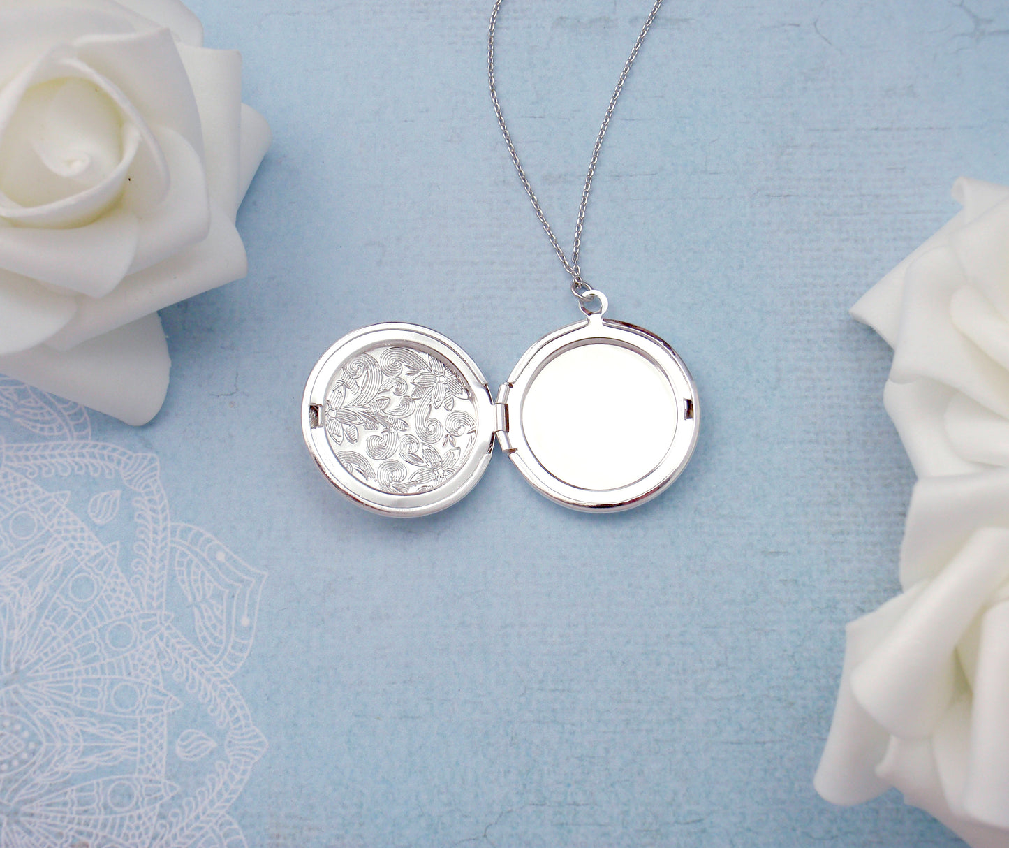 Locket necklace. Silver or gold sunflower round locket long necklace. Personalized initial, monogram, engraved, sun flower