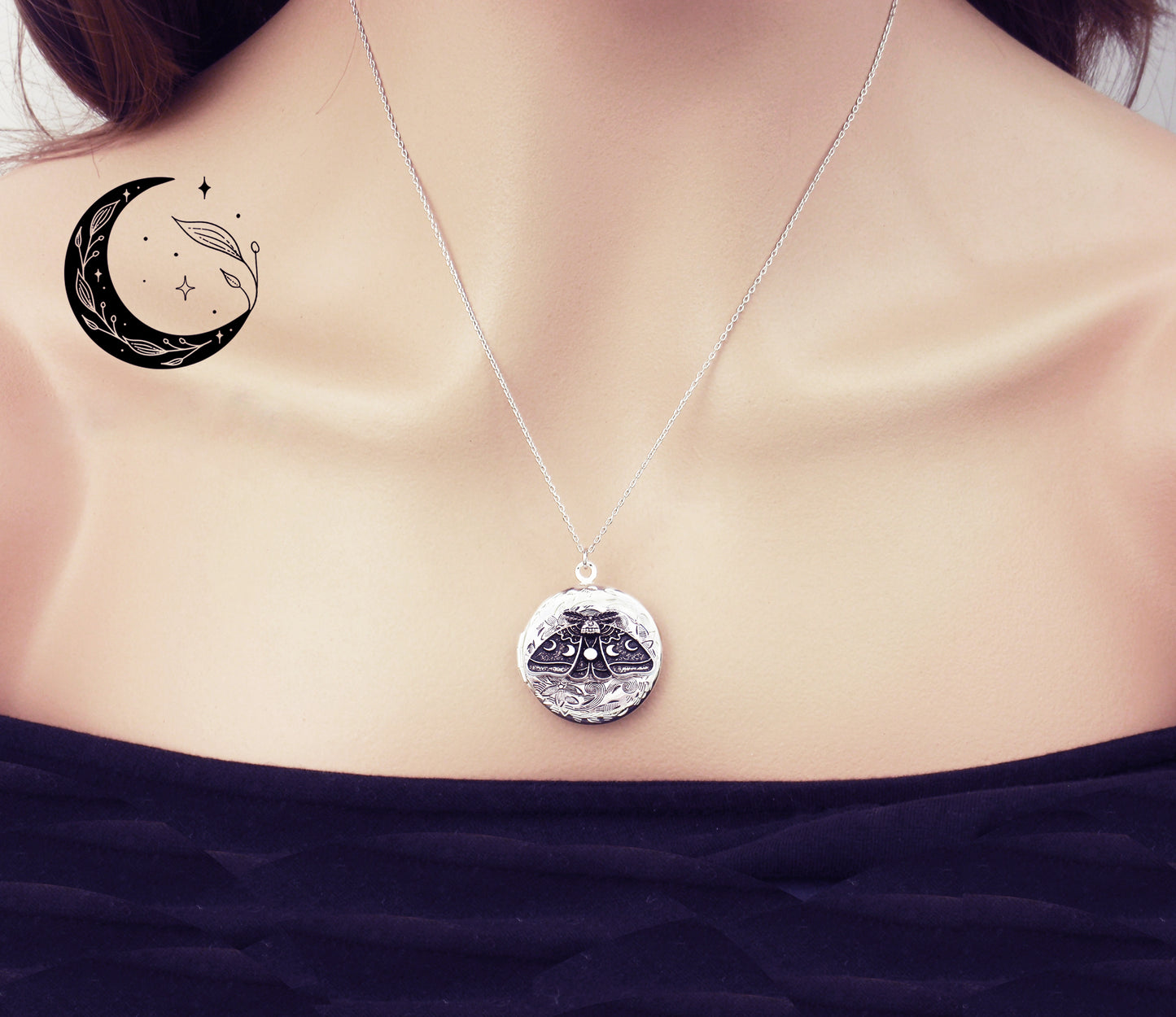 Locket necklace. Silver lunar moth luna moon phase cycle moth. Butterfly necklace. Full Moon Goddess long necklace. Gothic black necklace