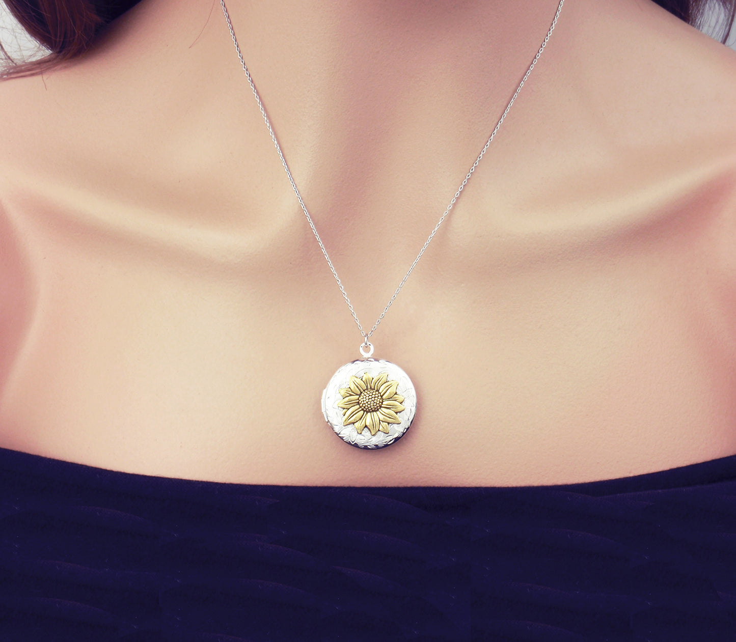 Locket necklace. Silver or gold sunflower round locket long necklace. Personalized initial, monogram, engraved, sun flower