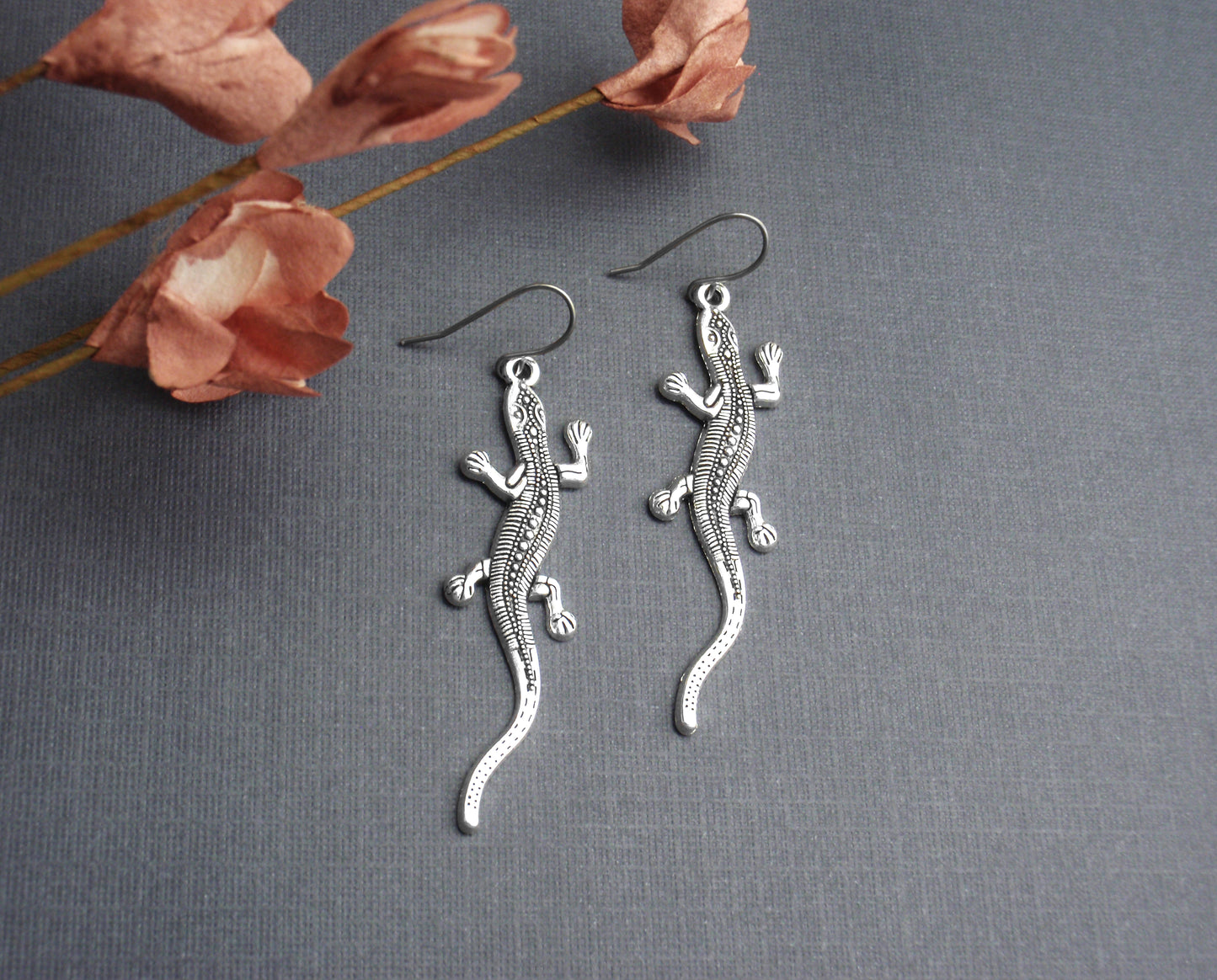 Silver lizard earrings. 925 sterling silver, stainless steel, nickel free titanium, Long gecko. Long bohemian goanna